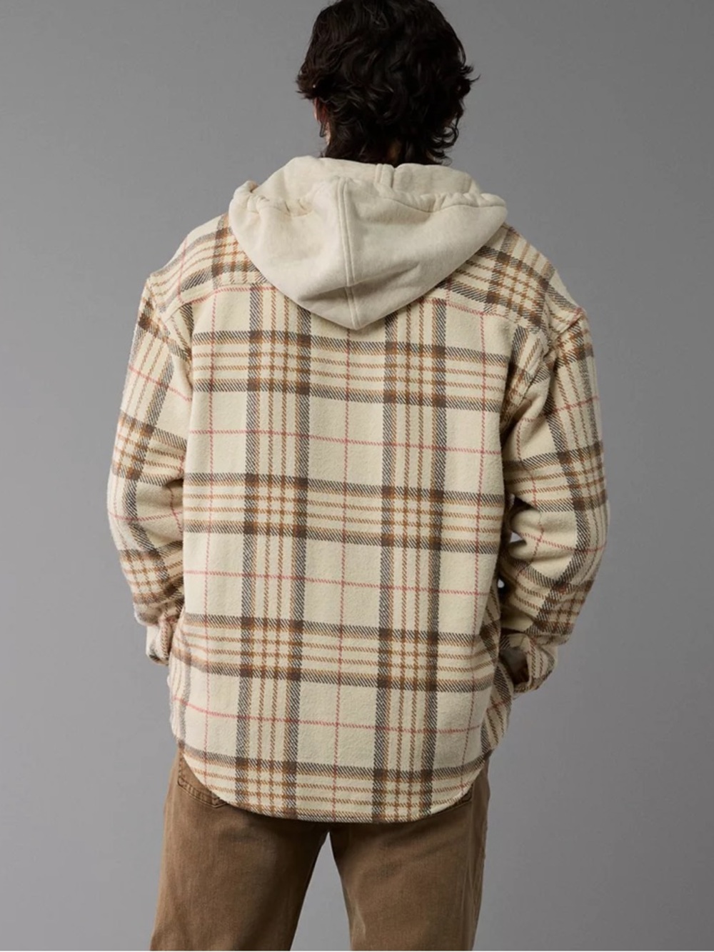 AMERICAN EAGLE HOODED FLANNEL SHIRT FROSTY CREAM PLAID BAJA BUTTON UP SHACKET - Picture 11 of 13